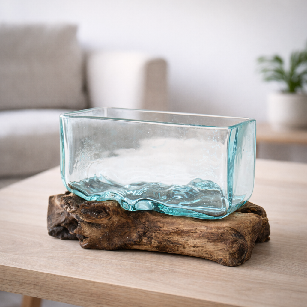 Rectangular molten glass bowl shaped over natural wood base, handcrafted from recycled glass and Gamal wood | WoodenLandia