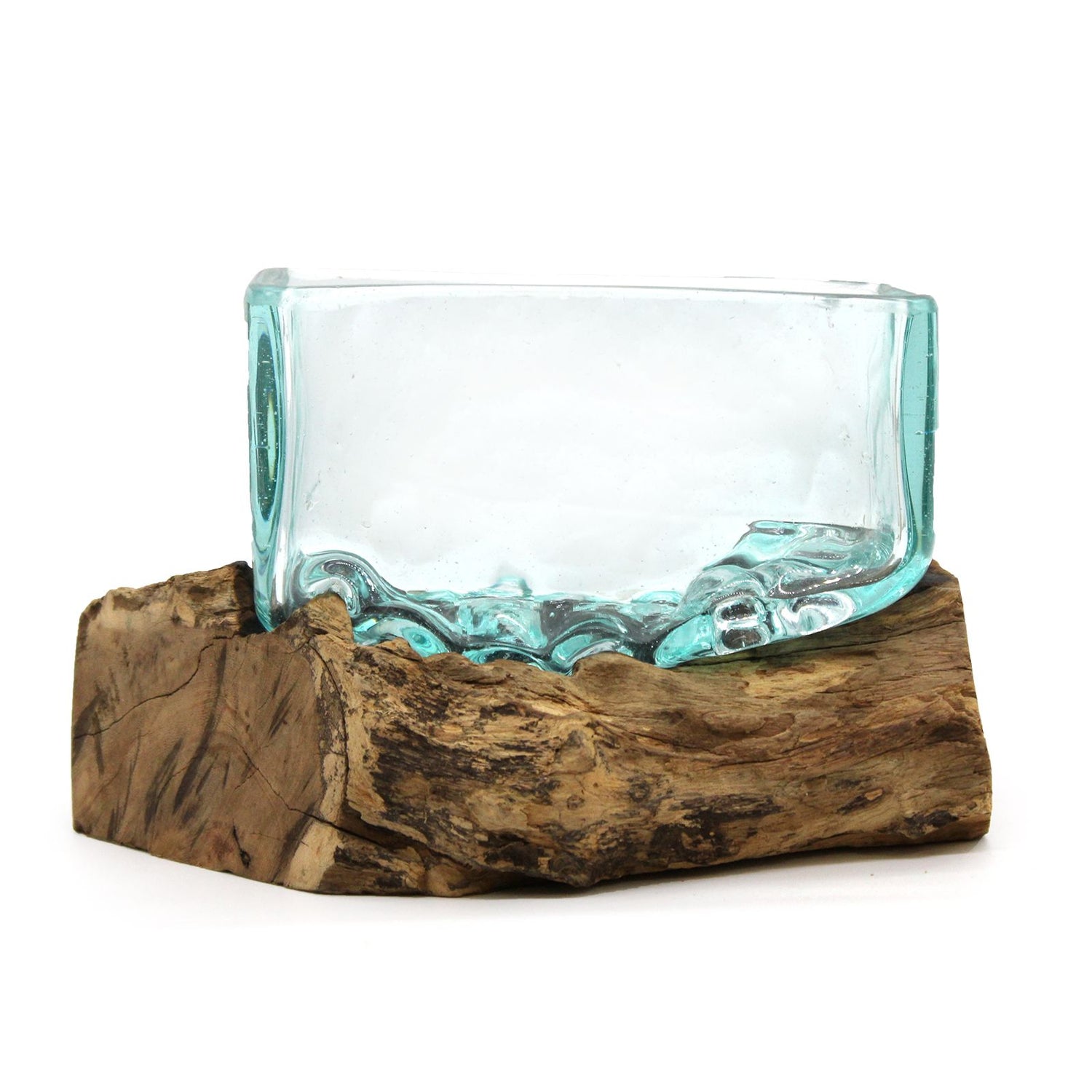 Rectangular molten glass bowl shaped over natural wood base, handcrafted from recycled glass and Gamal wood | WoodenLandia