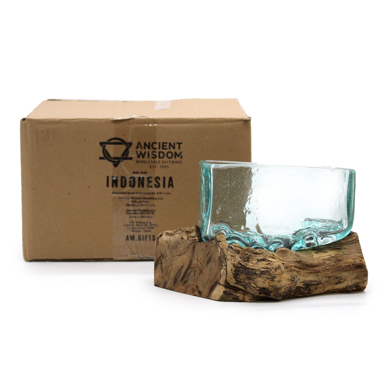 Rectangular molten glass bowl shaped over natural wood base, handcrafted from recycled glass and Gamal wood | WoodenLandia