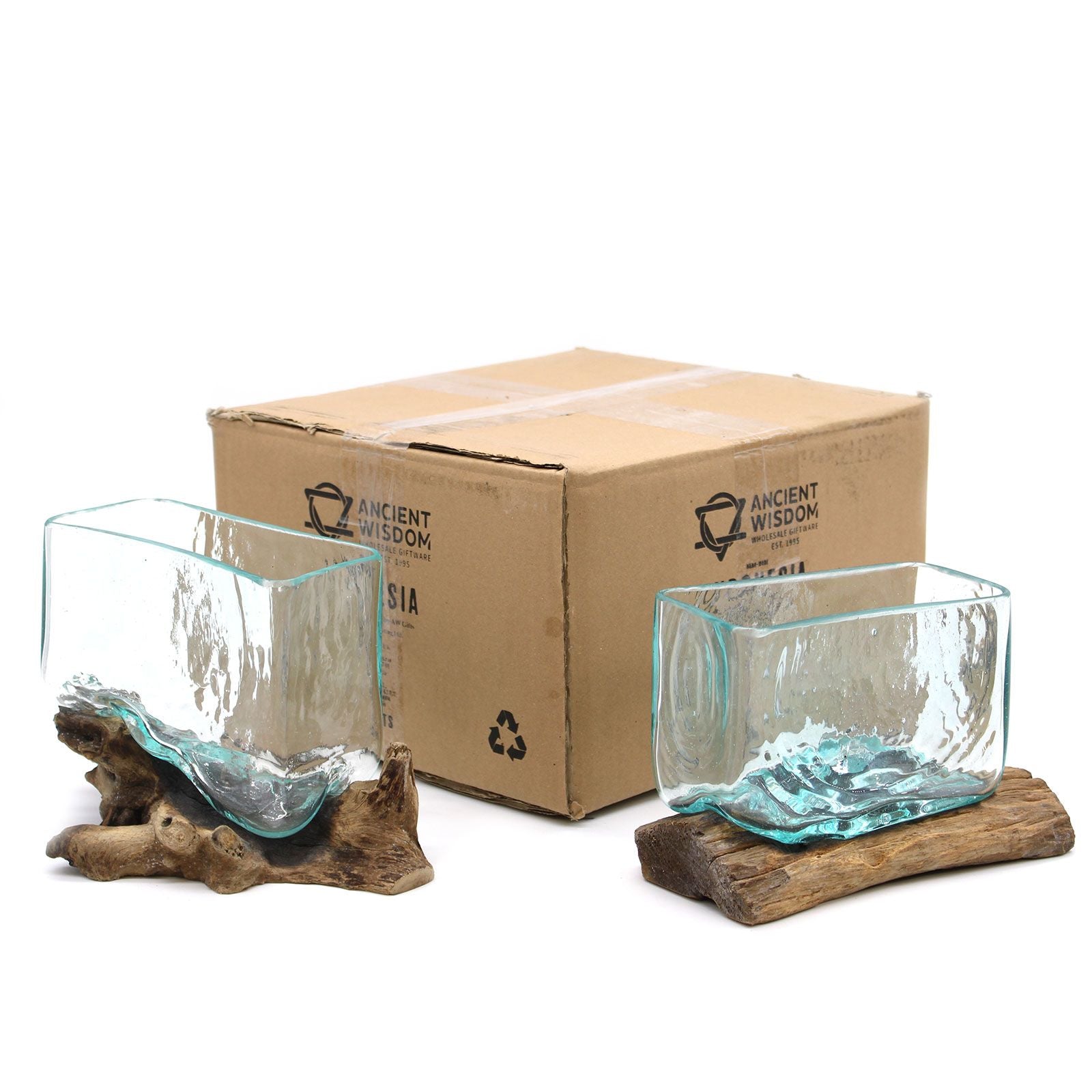 Rectangular molten glass bowl shaped over natural wood base, handcrafted from recycled glass and Gamal wood | WoodenLandia