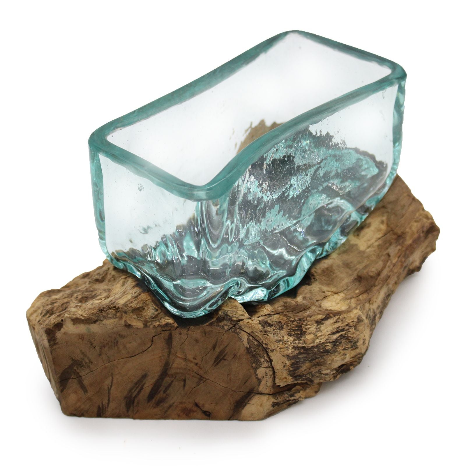 Rectangular molten glass bowl shaped over natural wood base, handcrafted from recycled glass and Gamal wood | WoodenLandia