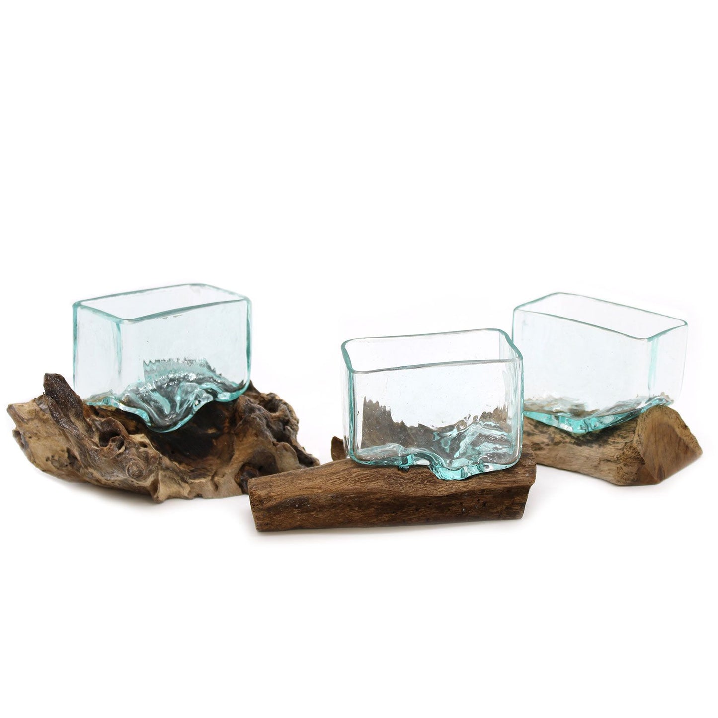 Small molten glass bowl shaped over natural Gamal wood base | WoodenLandia