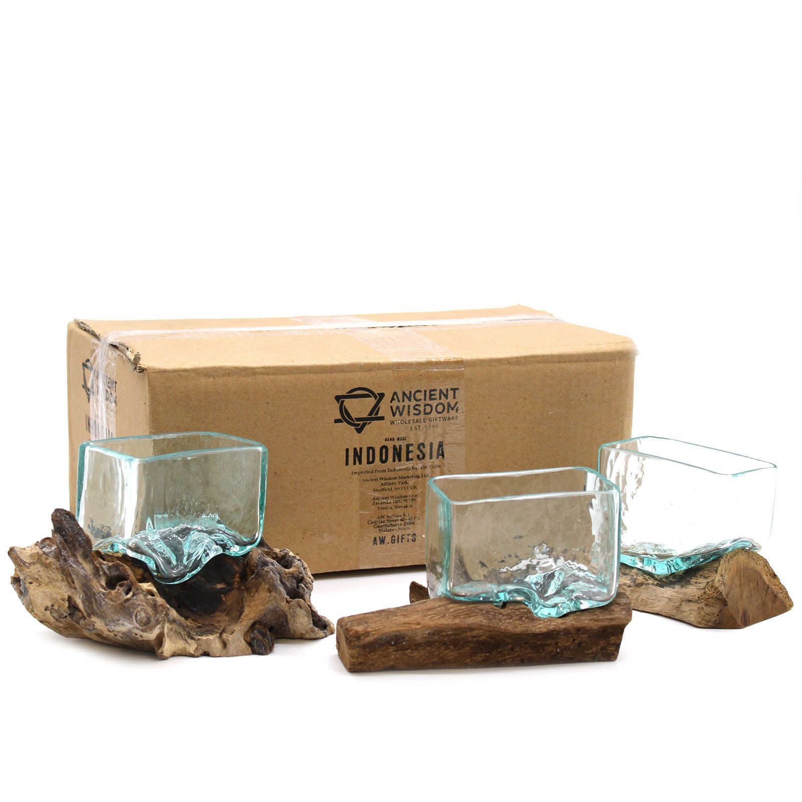 Small molten glass bowl shaped over natural Gamal wood base | WoodenLandia