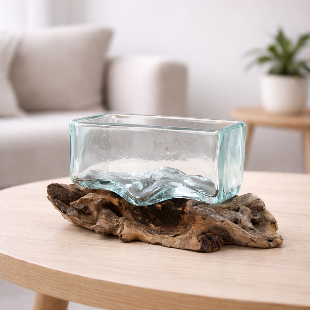 Small molten glass bowl shaped over natural Gamal wood base | WoodenLandia