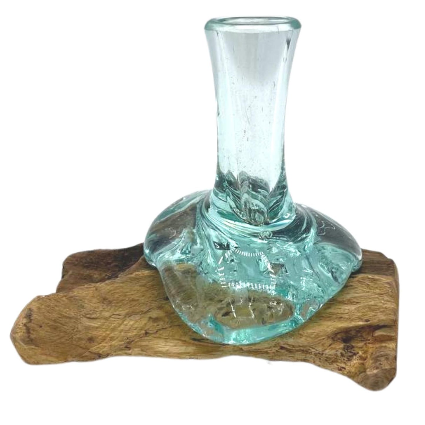 Molten glass small flower vase formed over natural Gamal wood base | WoodenLandia