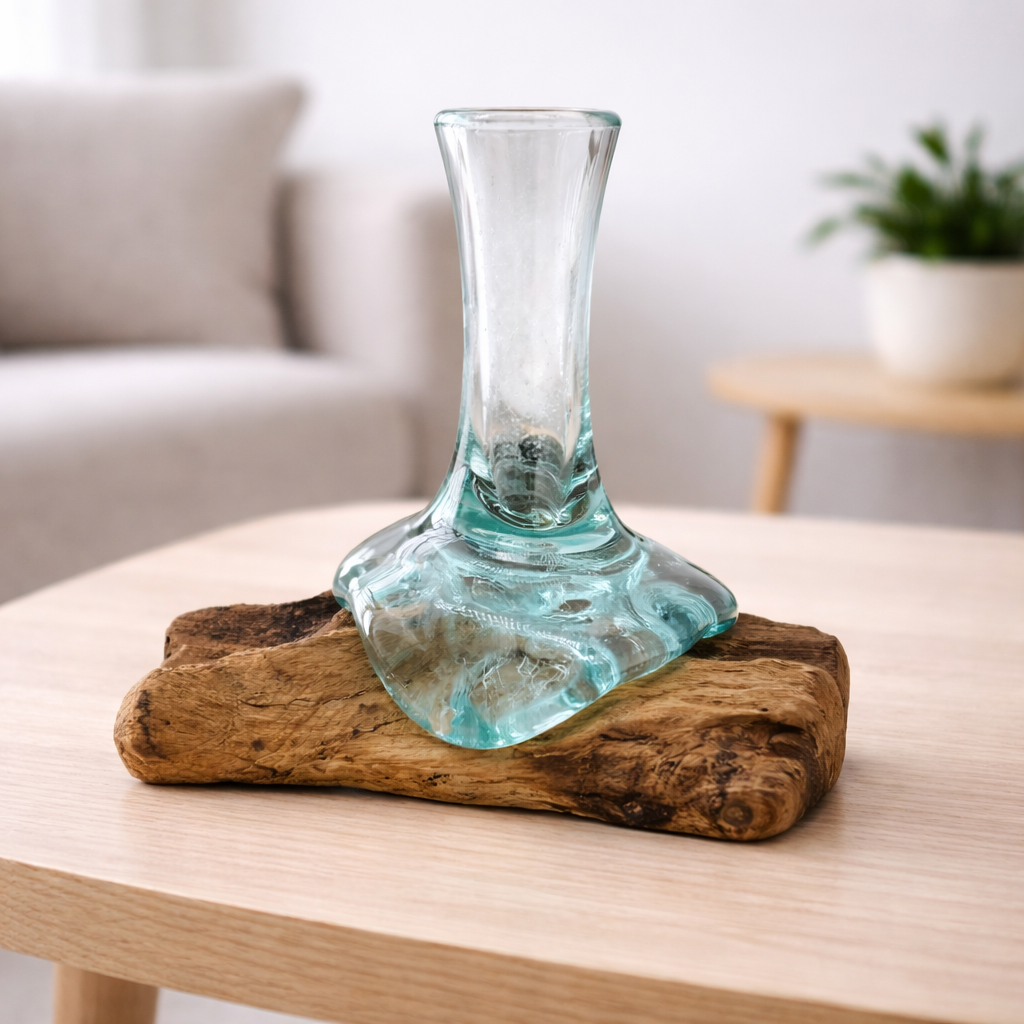 Molten glass small flower vase formed over natural Gamal wood base | WoodenLandia