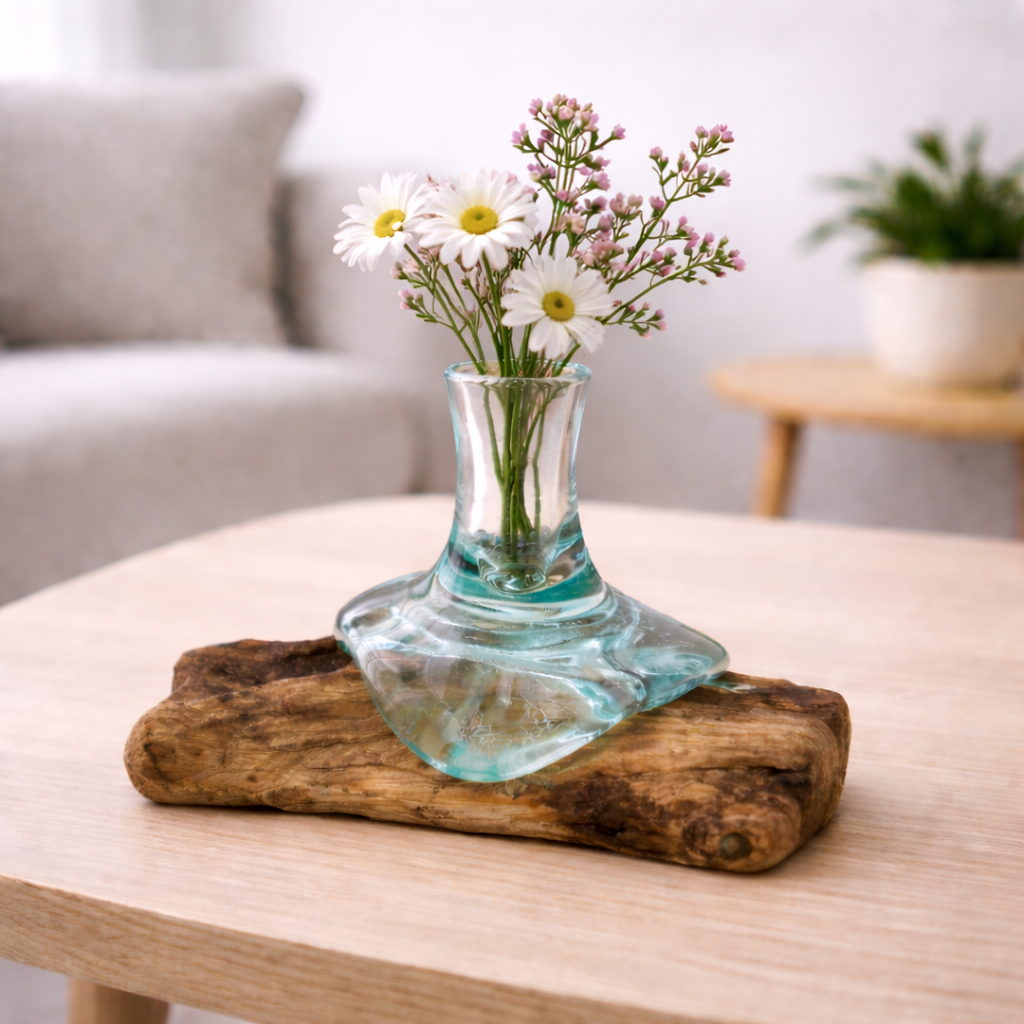 Molten glass small flower vase formed over natural Gamal wood base | WoodenLandia