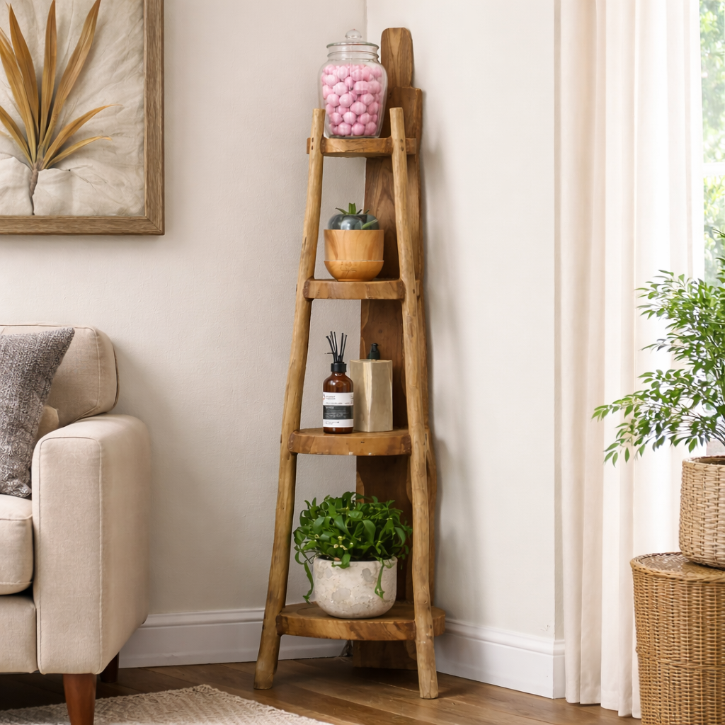 Natural teak corner unit with four shelves