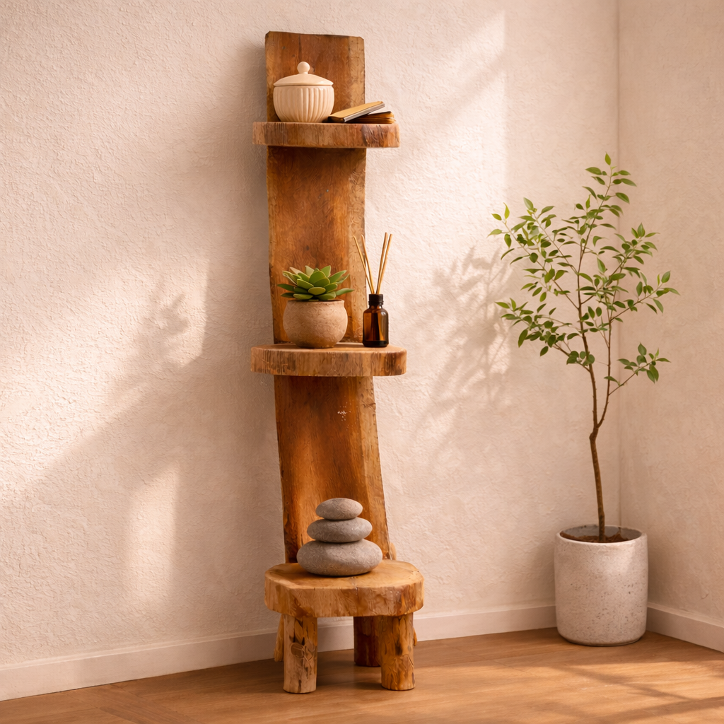 Natural teak log shelf display with 3 shelves, 100 cm high