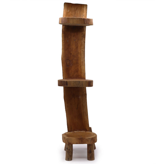 Natural teak log shelf display with 3 shelves, 100 cm high