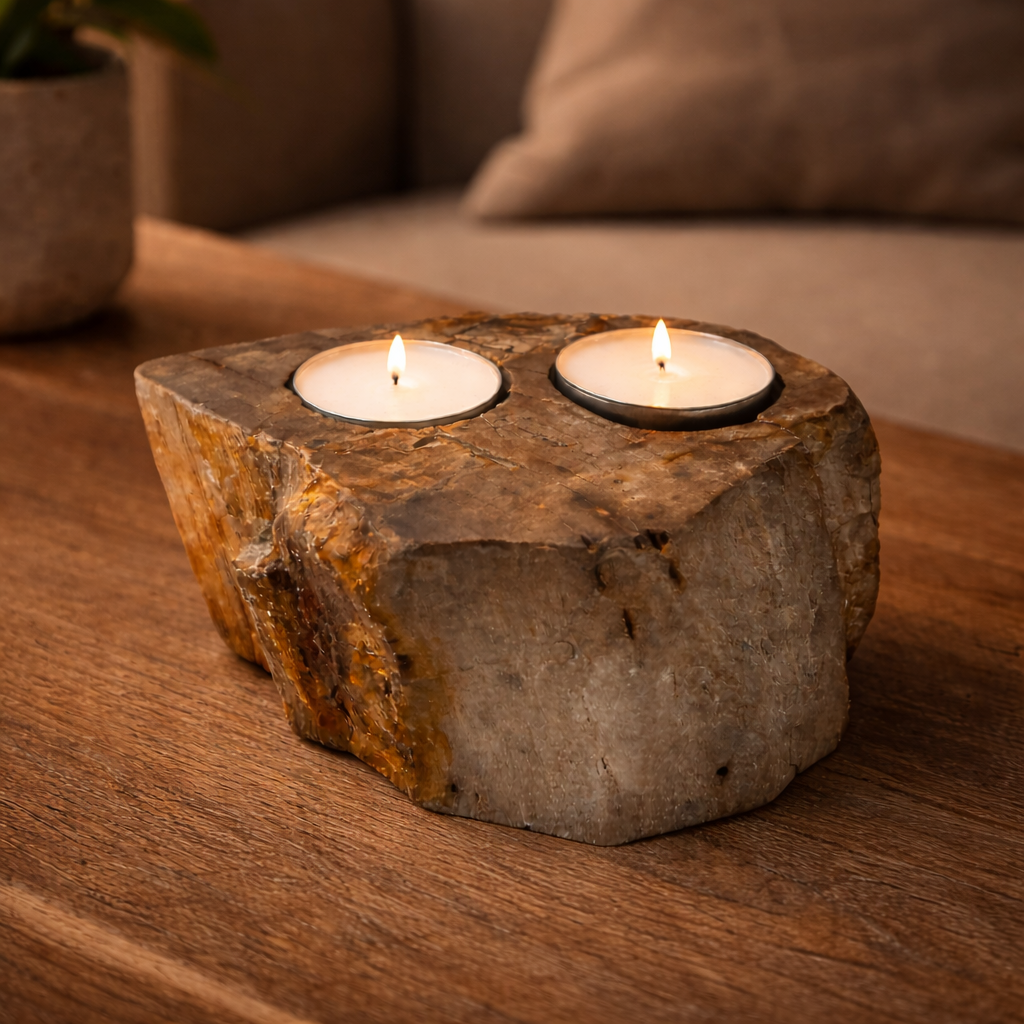 Double petrified wood candle holder with two tealight candles