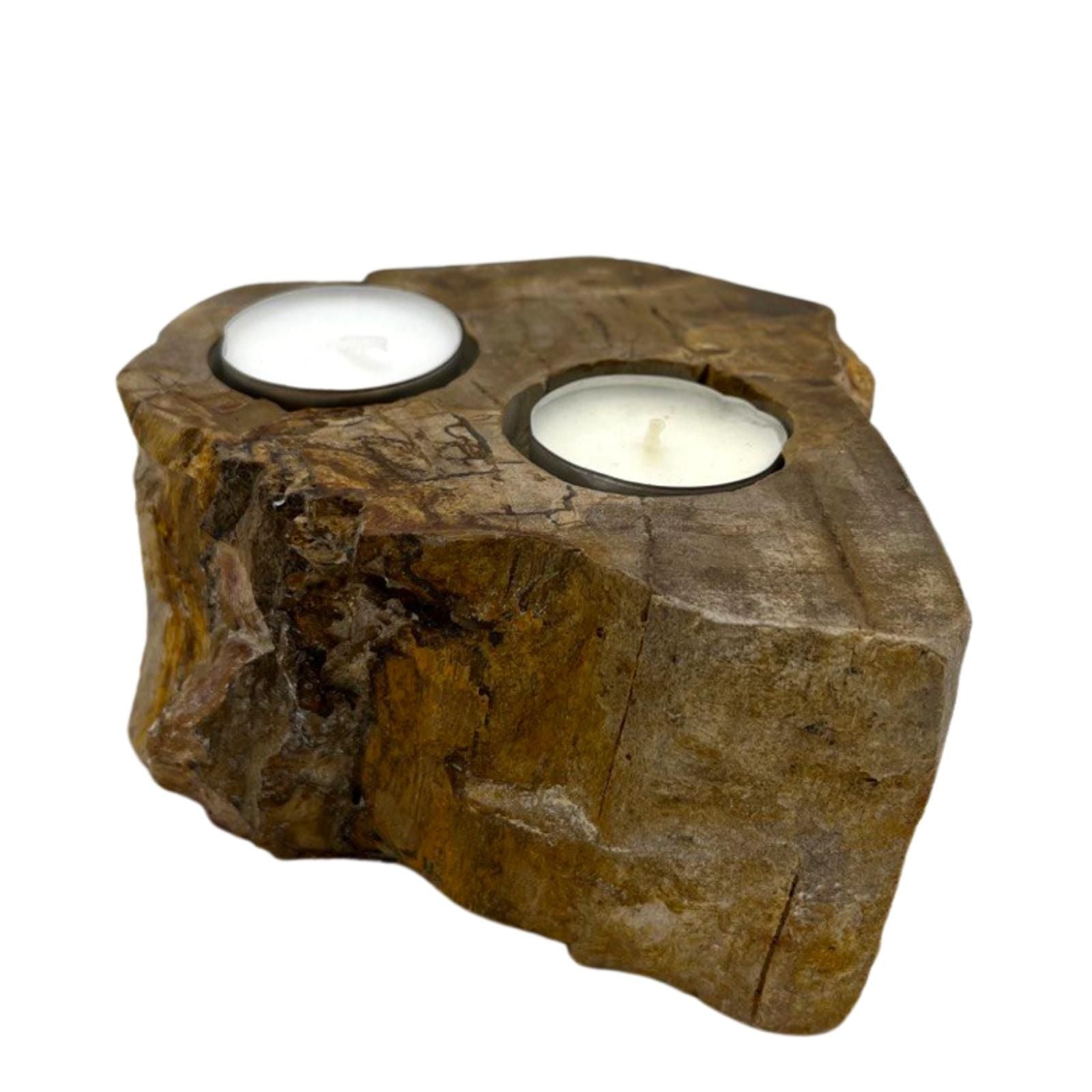 Double petrified wood candle holder with two tealight candles
