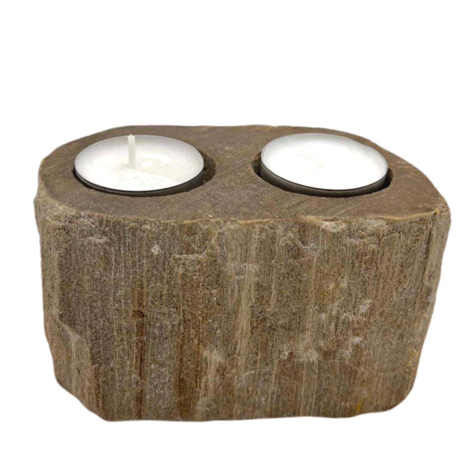 Double petrified wood candle holder with two tealight candles