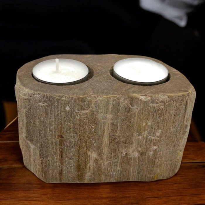 Double petrified wood candle holder with two tealight candles
