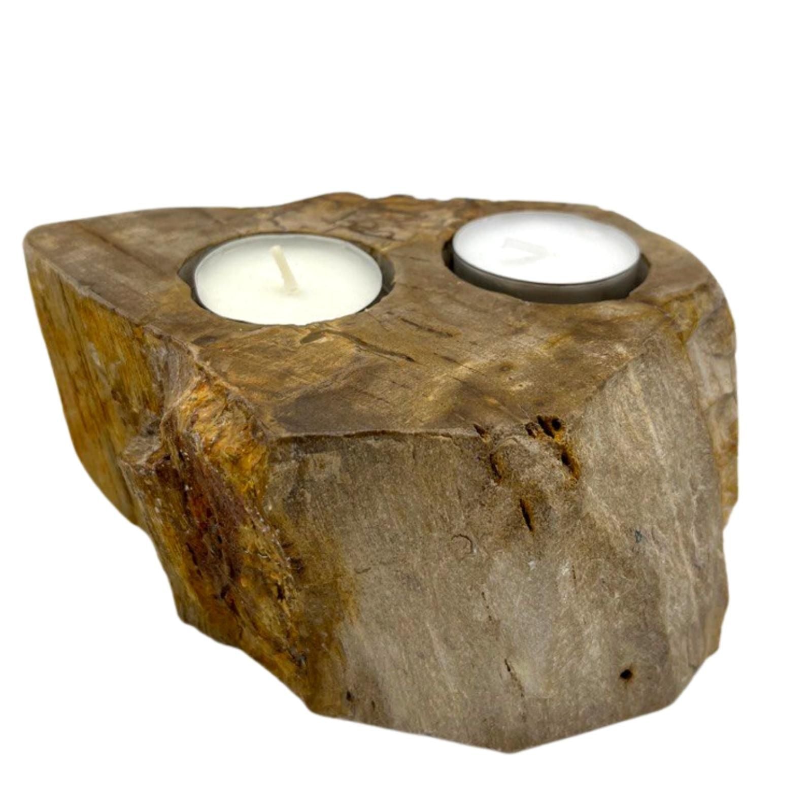 Double petrified wood candle holder with two tealight candles