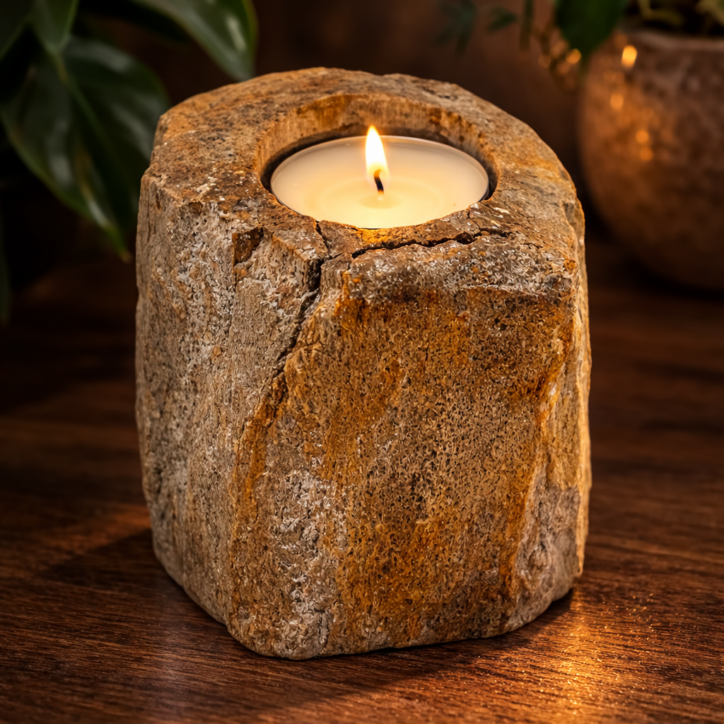 Low petrified wood candle holder with one tealight candle