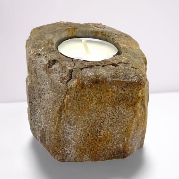 Low petrified wood candle holder with one tealight candle