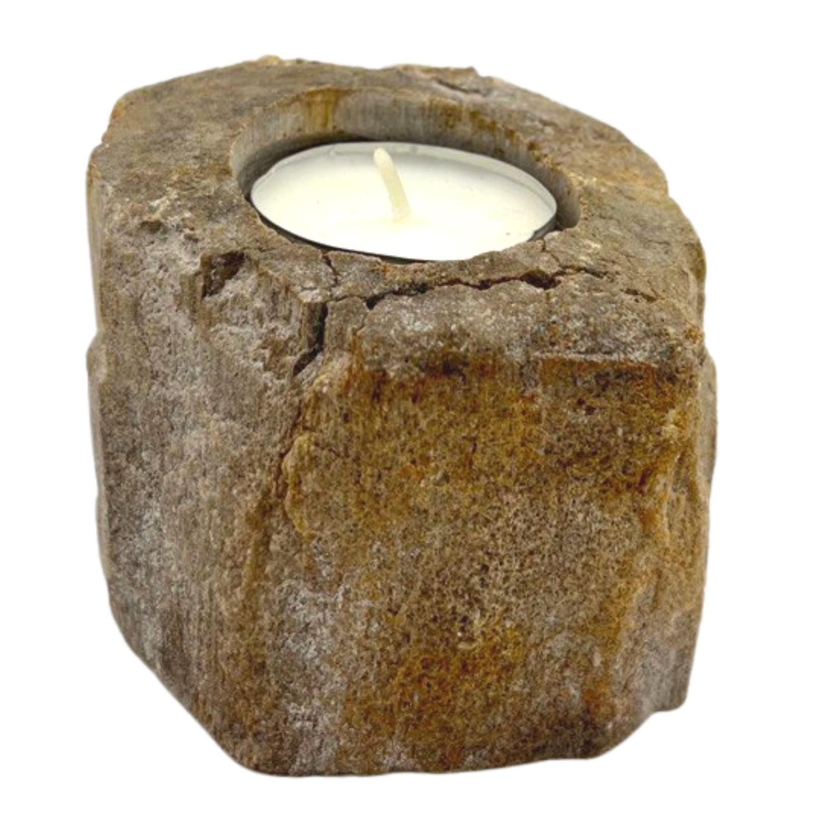 Low petrified wood candle holder with one tealight candle