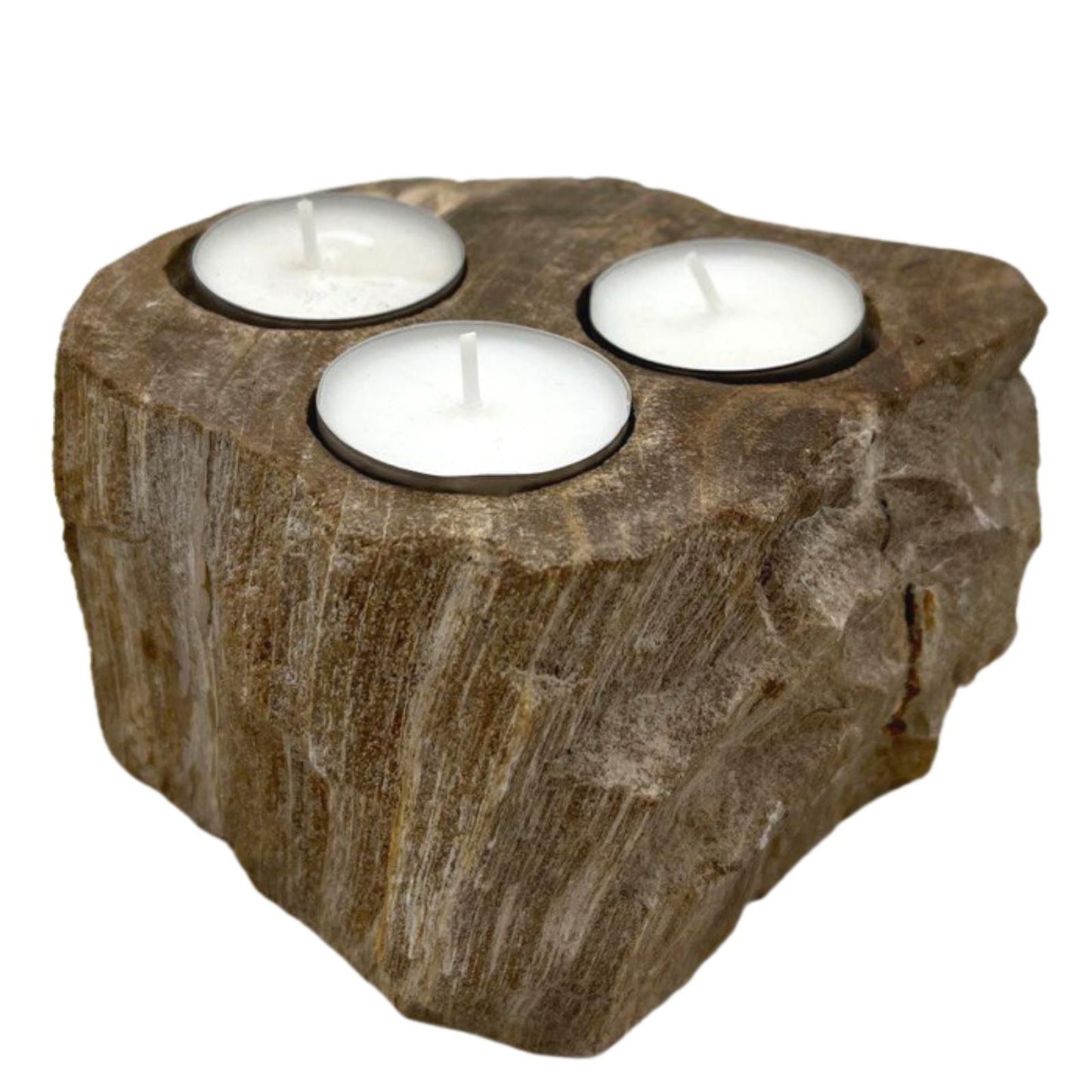 Triple petrified wood candle holder with three tealight candles