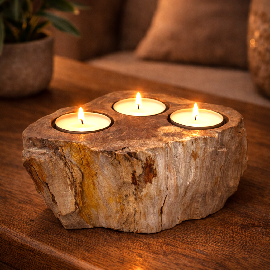 Triple petrified wood candle holder with three tealight candles