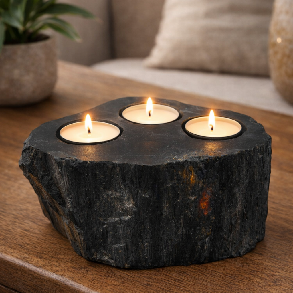 Triple petrified wood candle holder with three tealight candles
