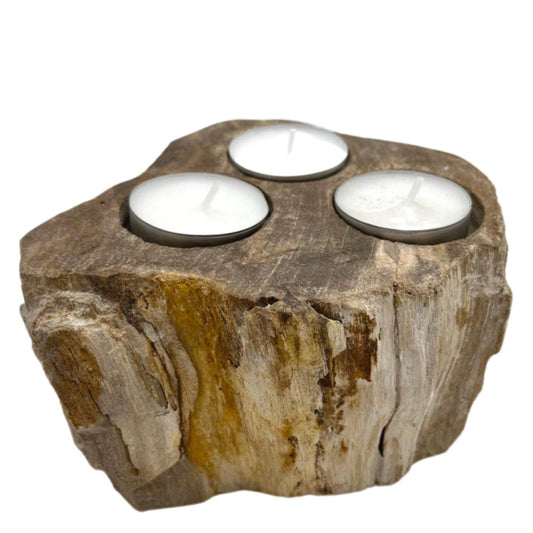 Triple petrified wood candle holder with three tealight candles