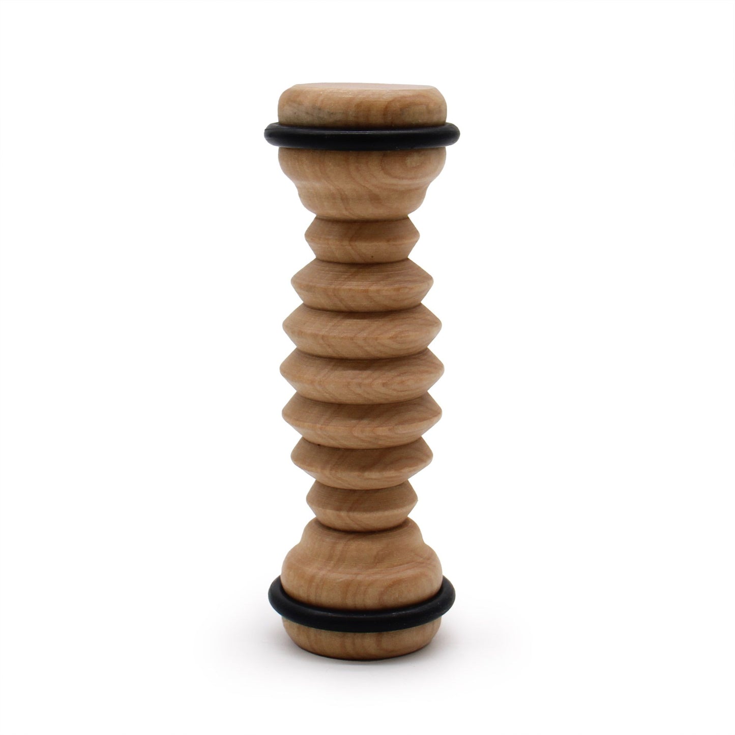 Ribbed wooden foot roller with black rings side view