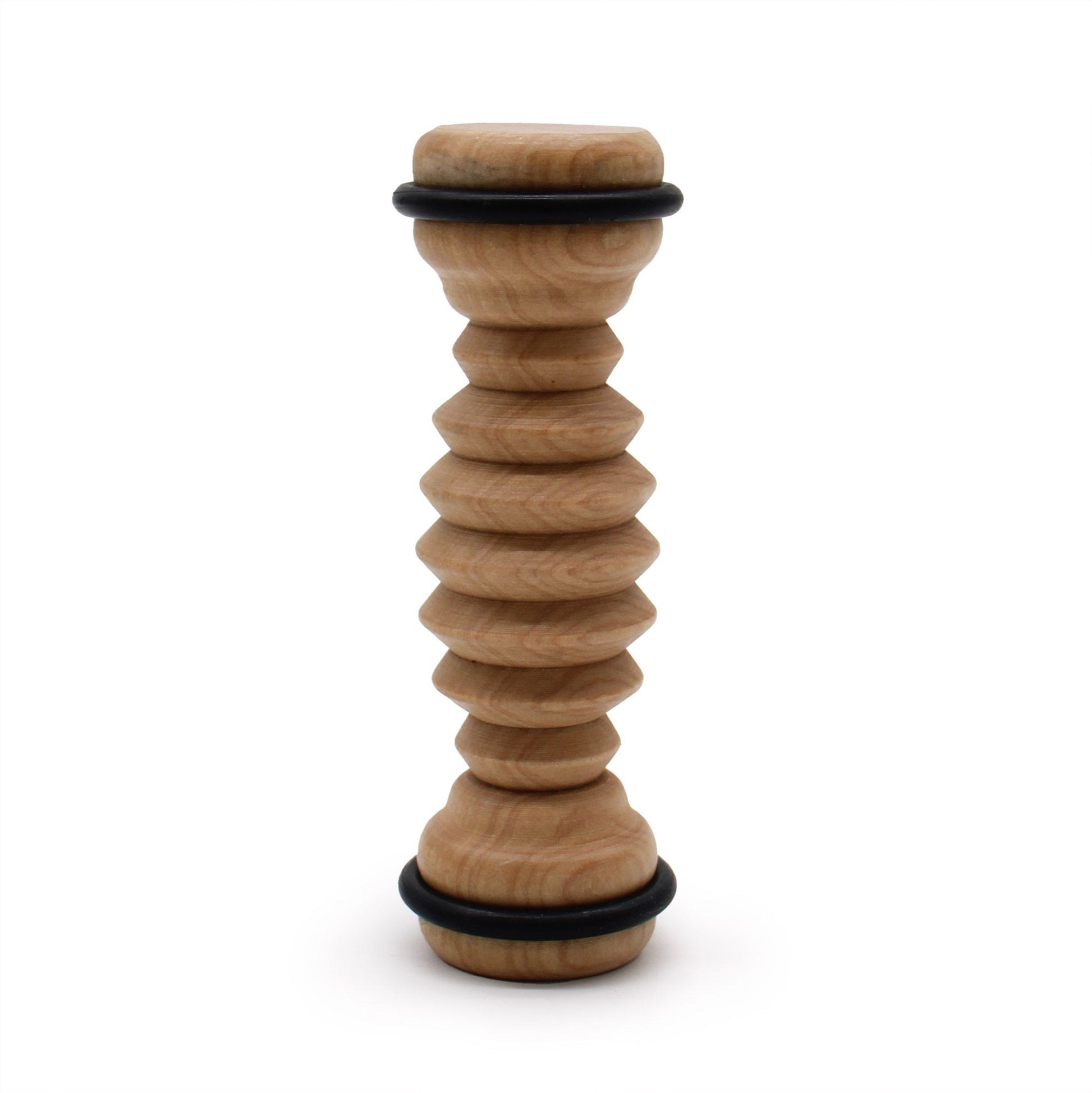 Ribbed wooden foot roller with black rings side view
