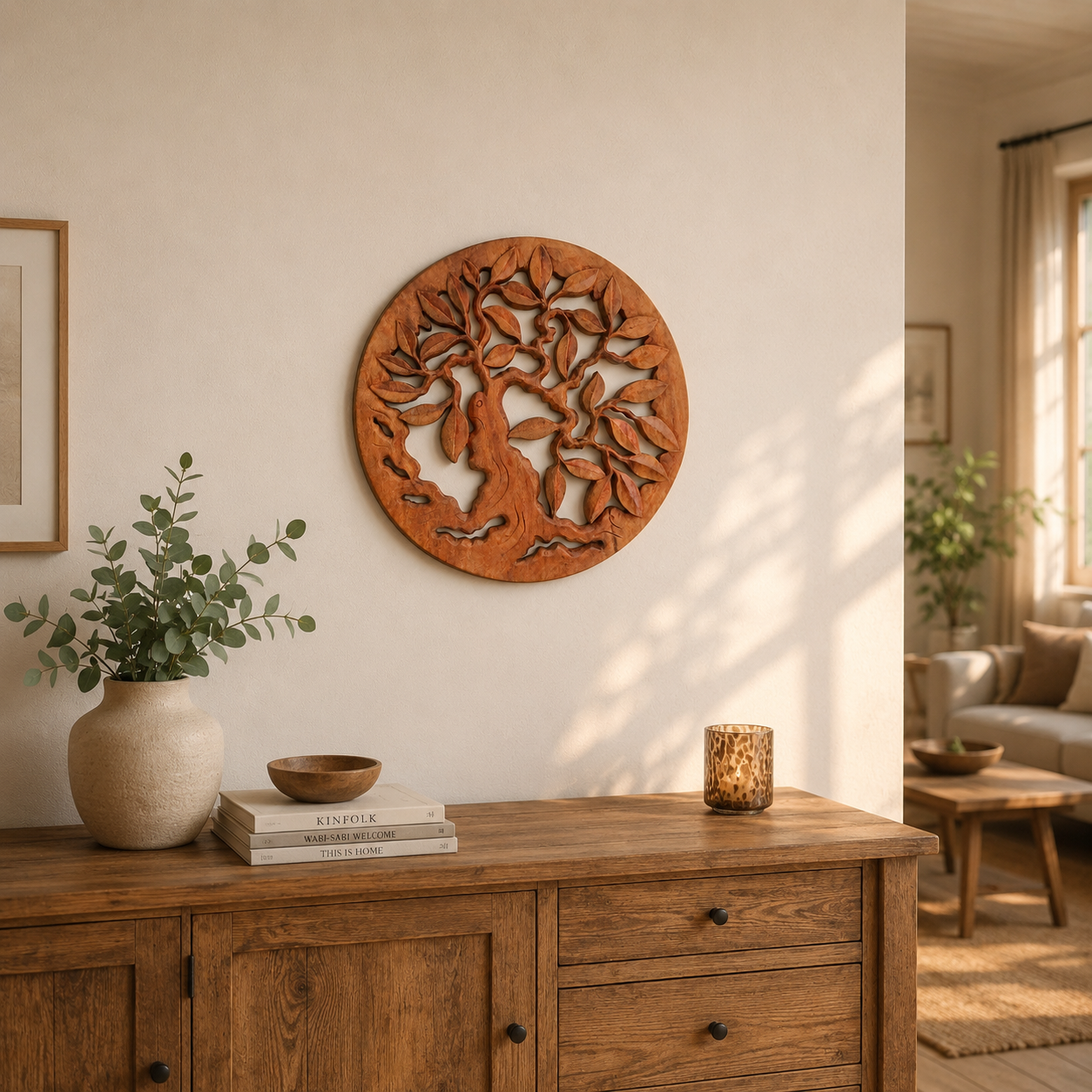 Round decorative wooden Tree of Life wall panel with carved leaves and branches, 40 cm