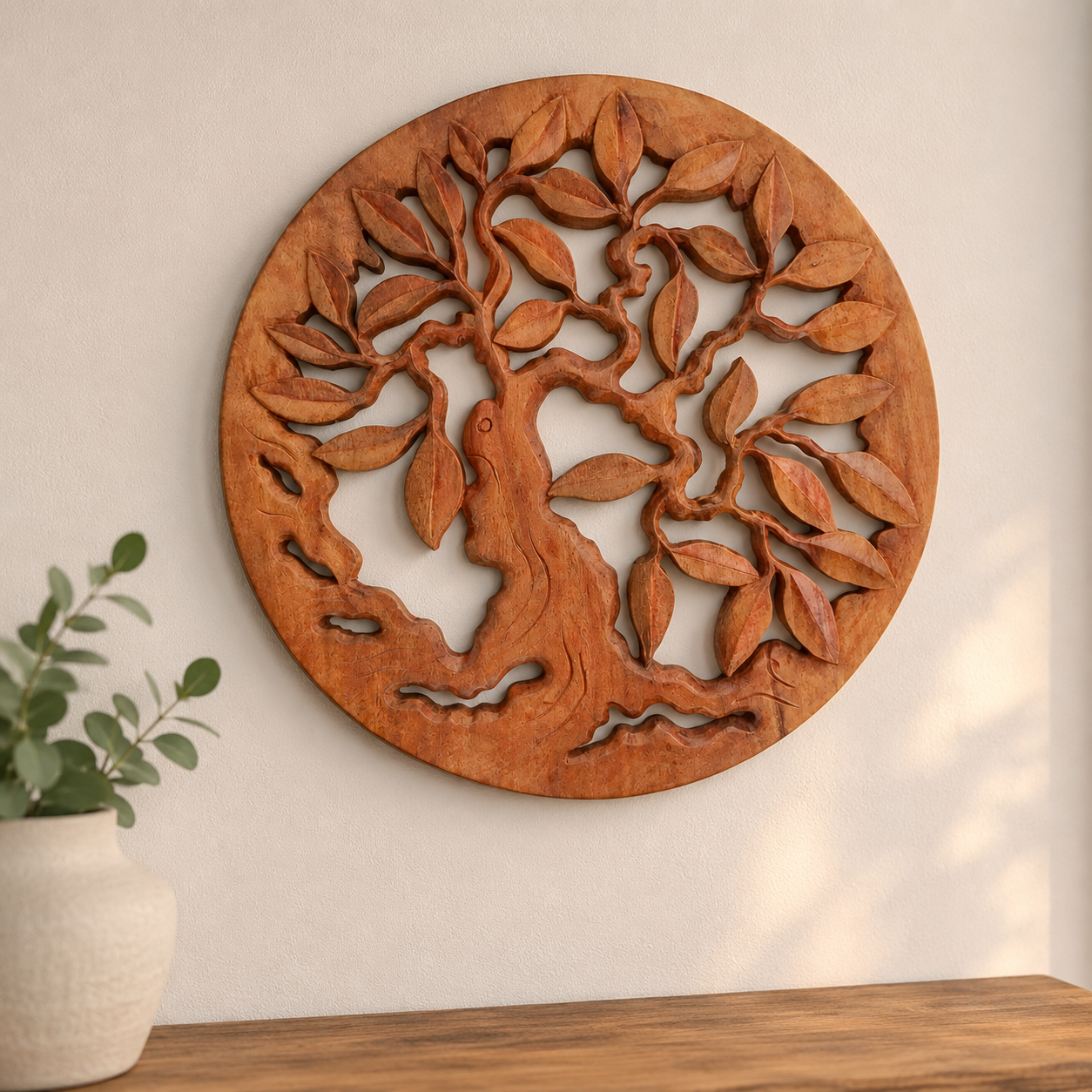 Round decorative wooden Tree of Life wall panel with carved leaves and branches, 40 cm