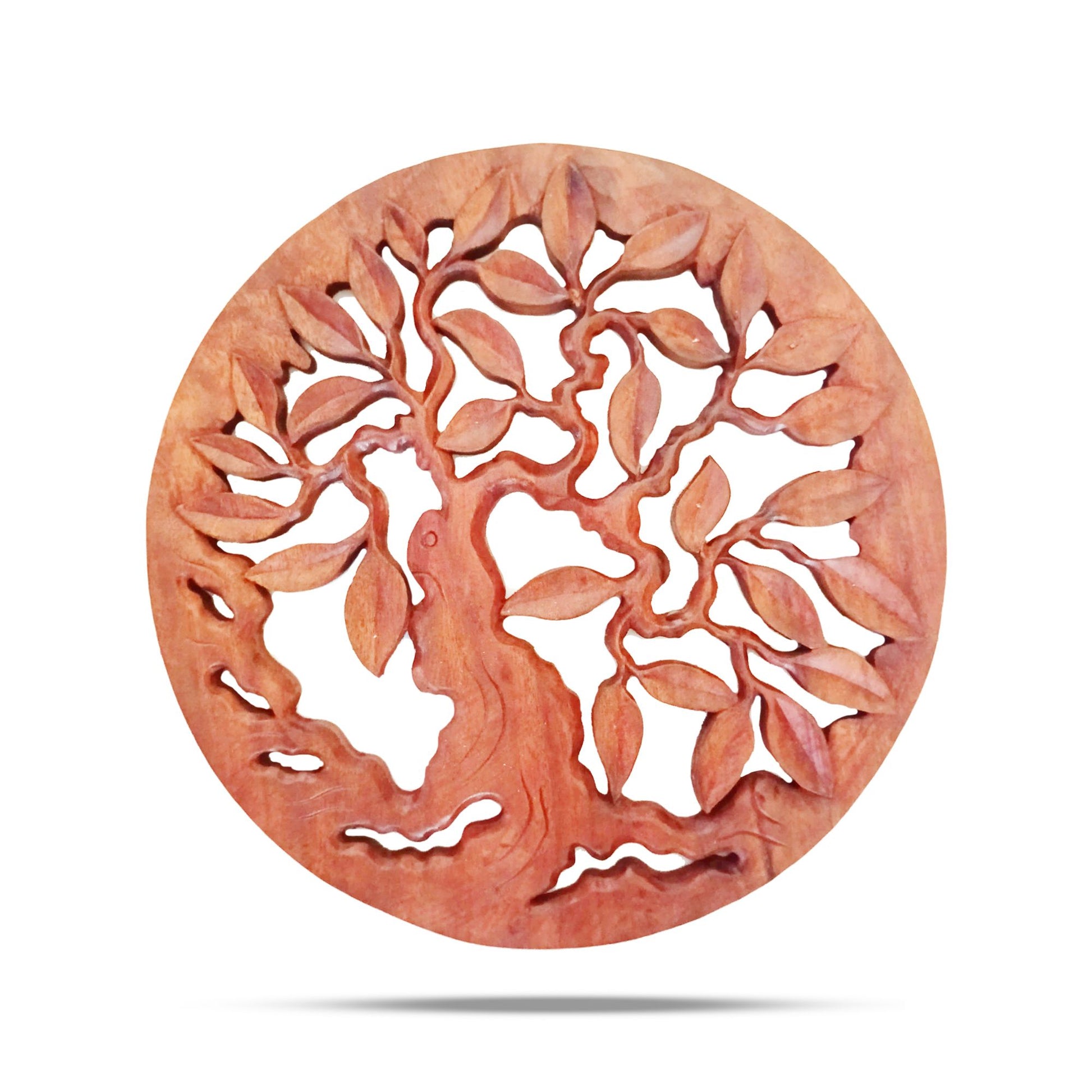 Round decorative wooden Tree of Life wall panel with carved leaves and branches, 40 cm
