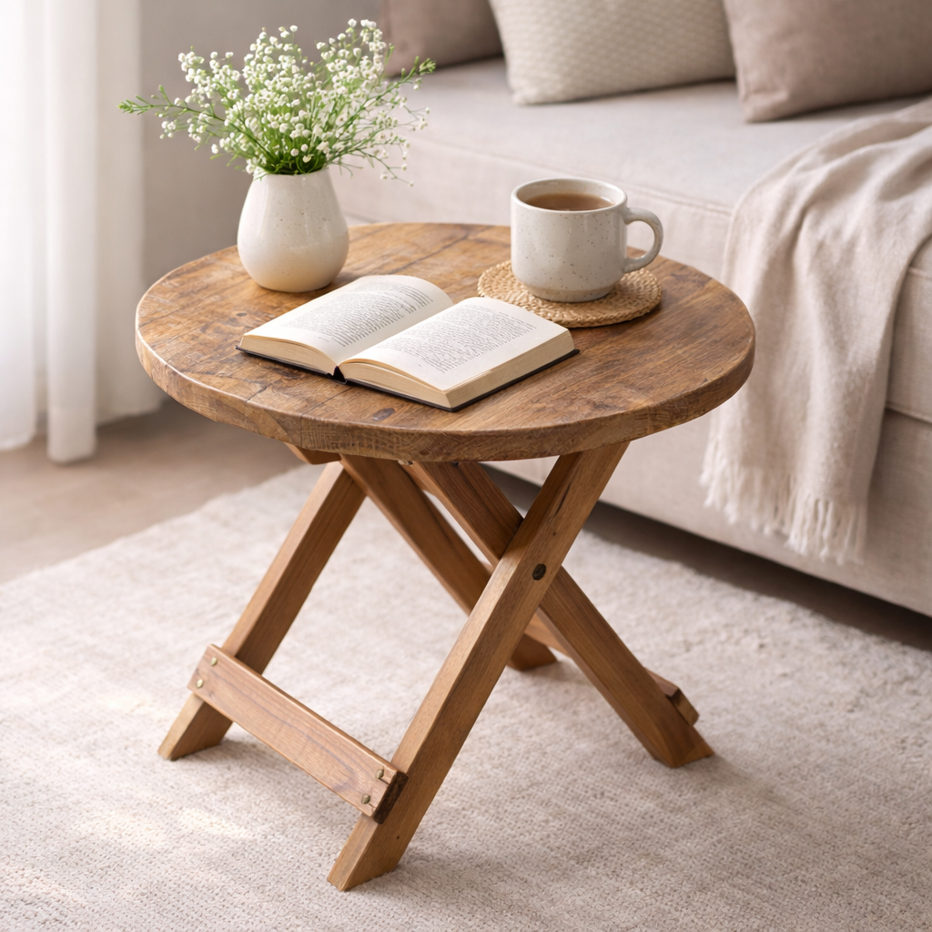 Round folding coffee table in natural wood with crossed legs