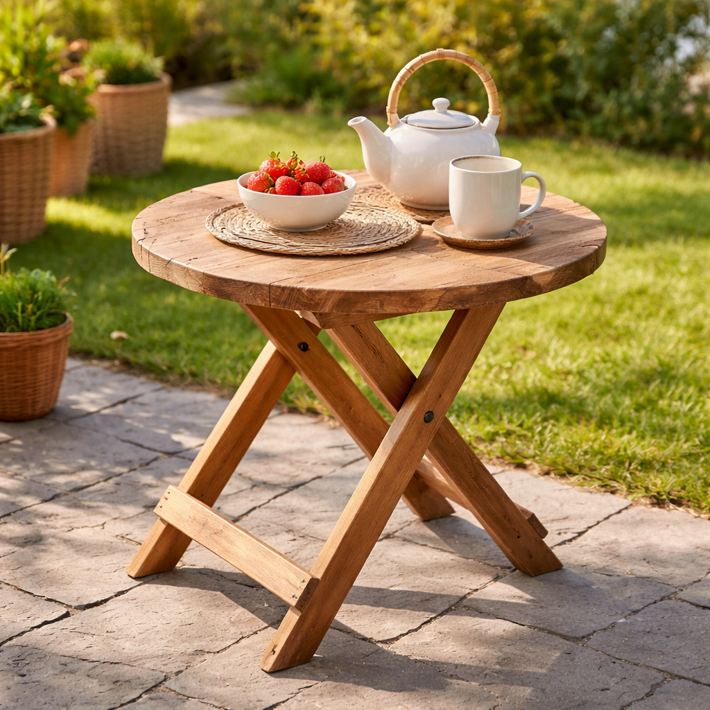 Round folding coffee table in natural wood with crossed legs