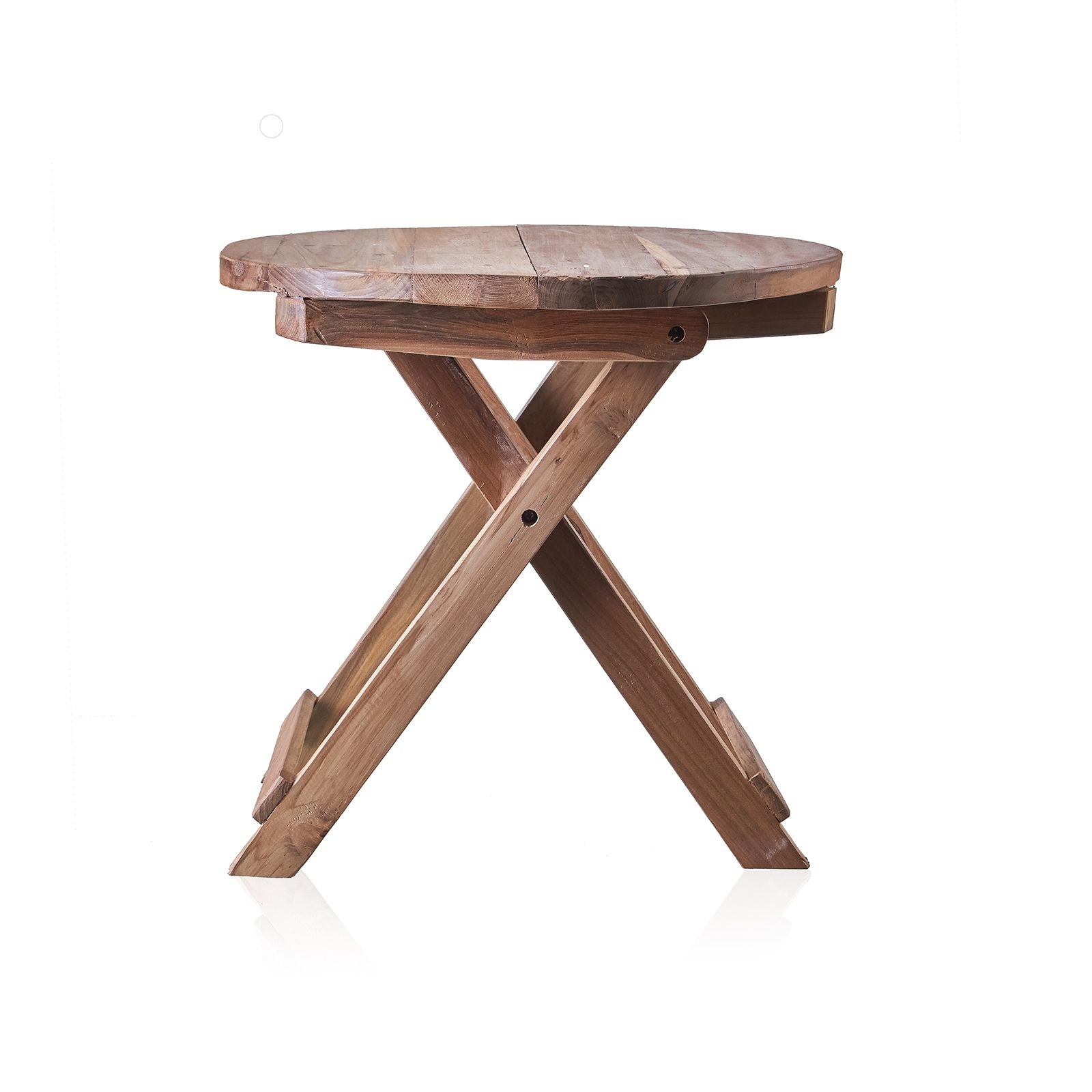 Round folding coffee table in natural wood with crossed legs
