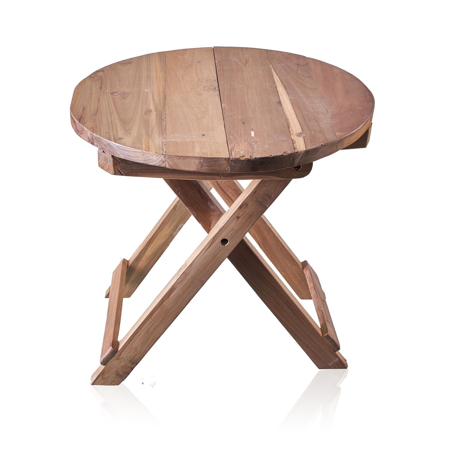 Round folding coffee table in natural wood with crossed legs