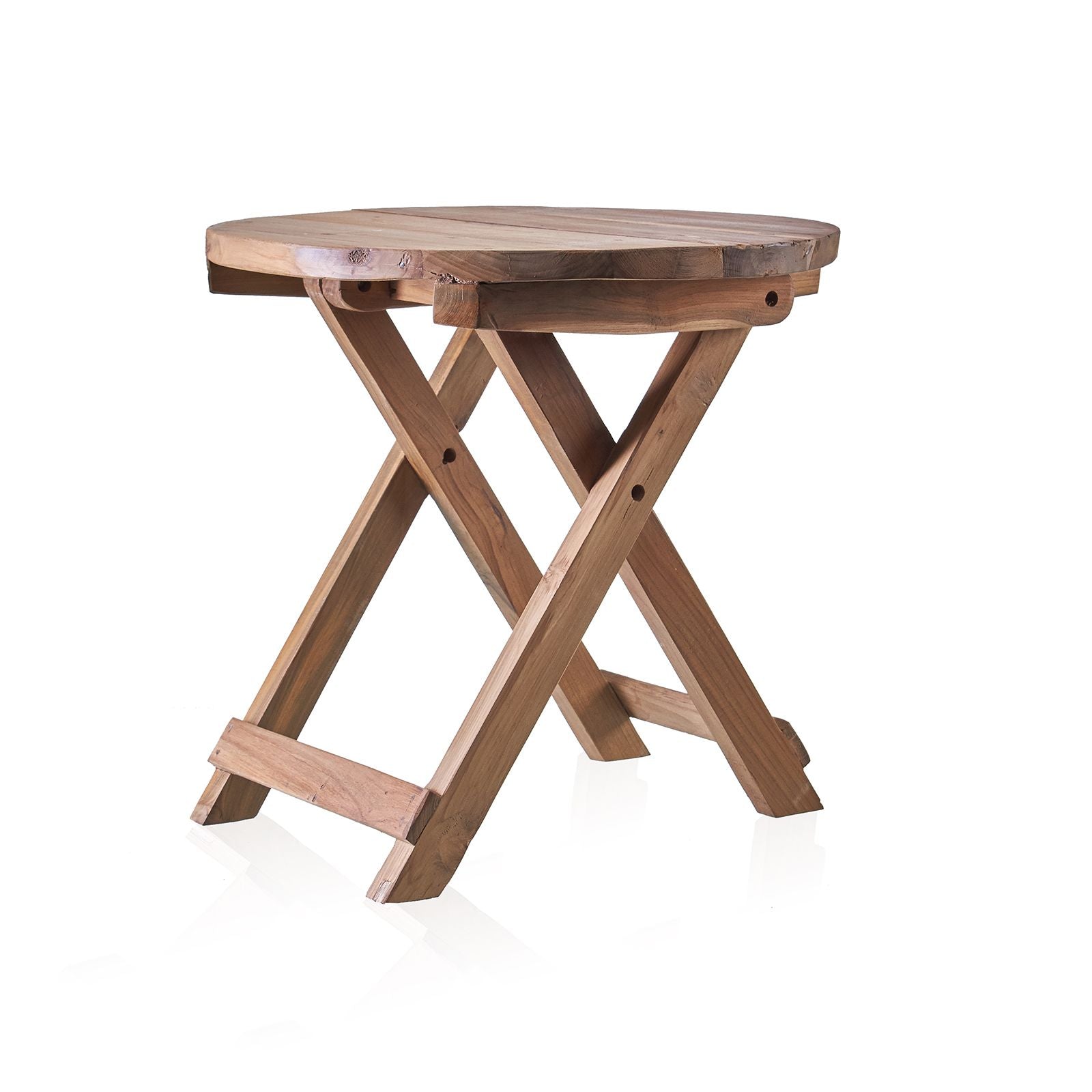 Round folding coffee table in natural wood with crossed legs