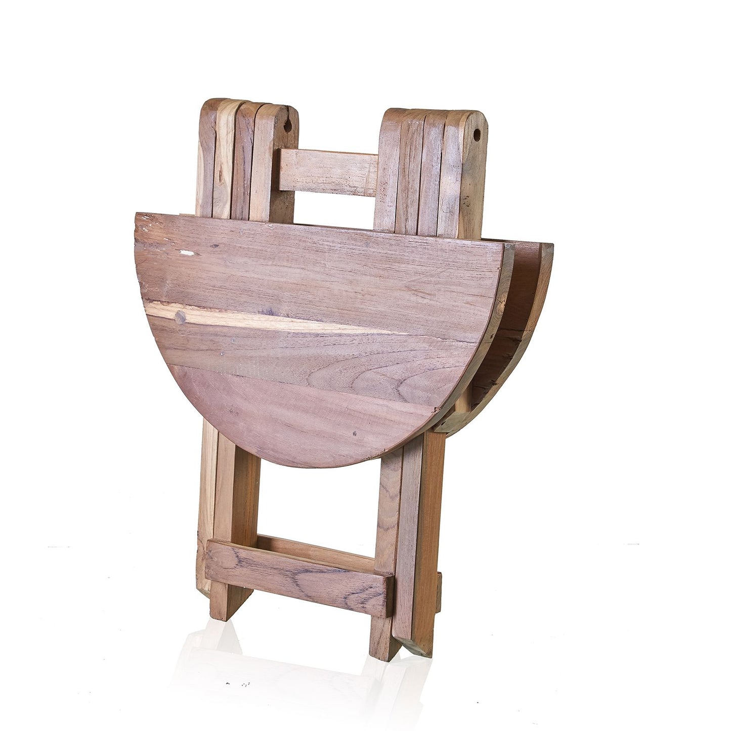 Round folding coffee table in natural wood with crossed legs