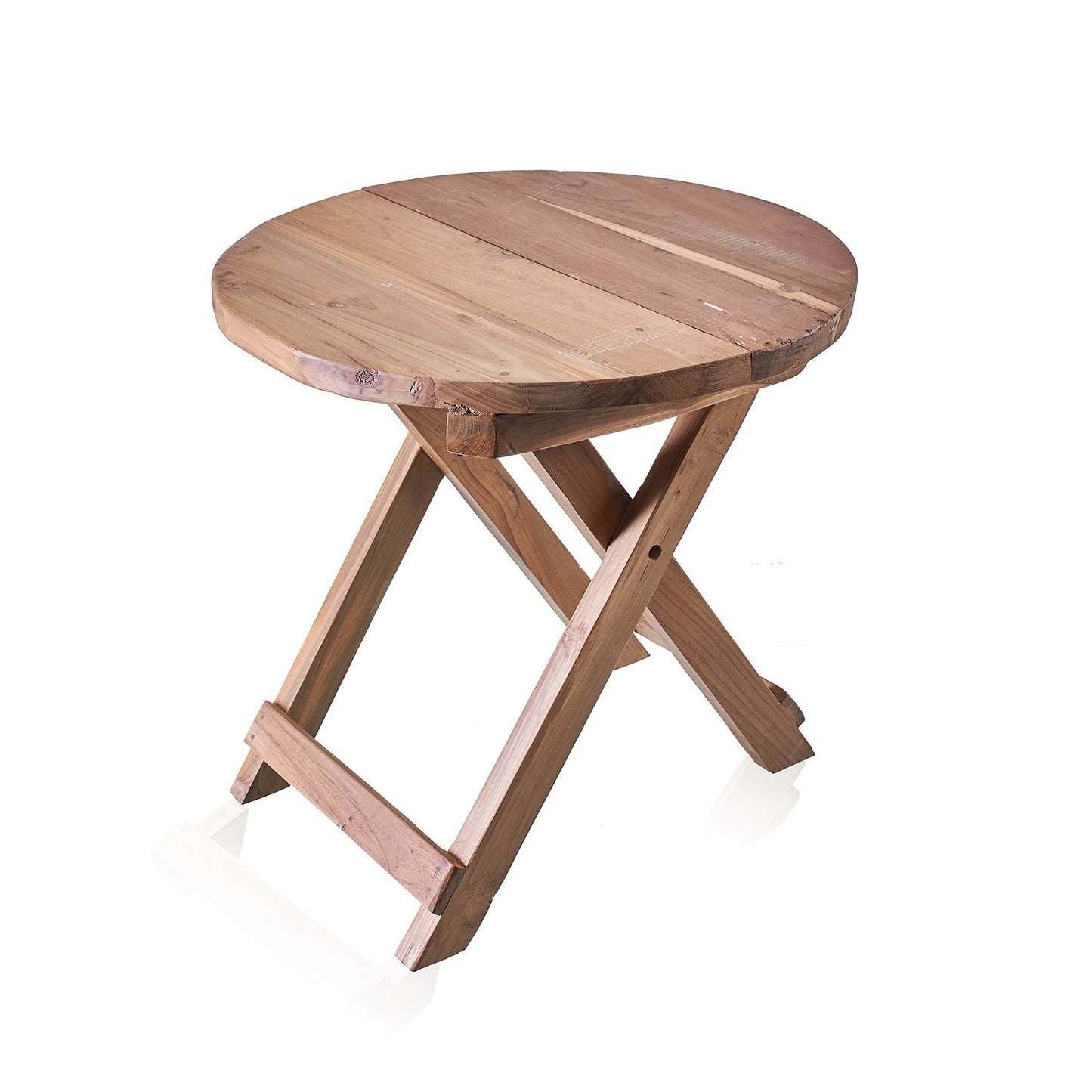 Round folding coffee table in natural wood with crossed legs
