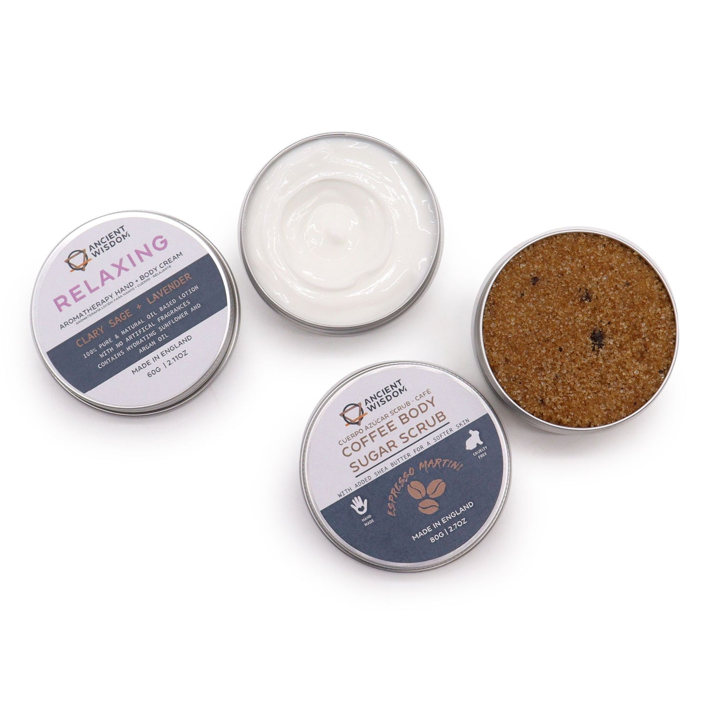 Self-care gift set in an open kraft box with body scrub, bath salts, oil and balm | WoodenLandia