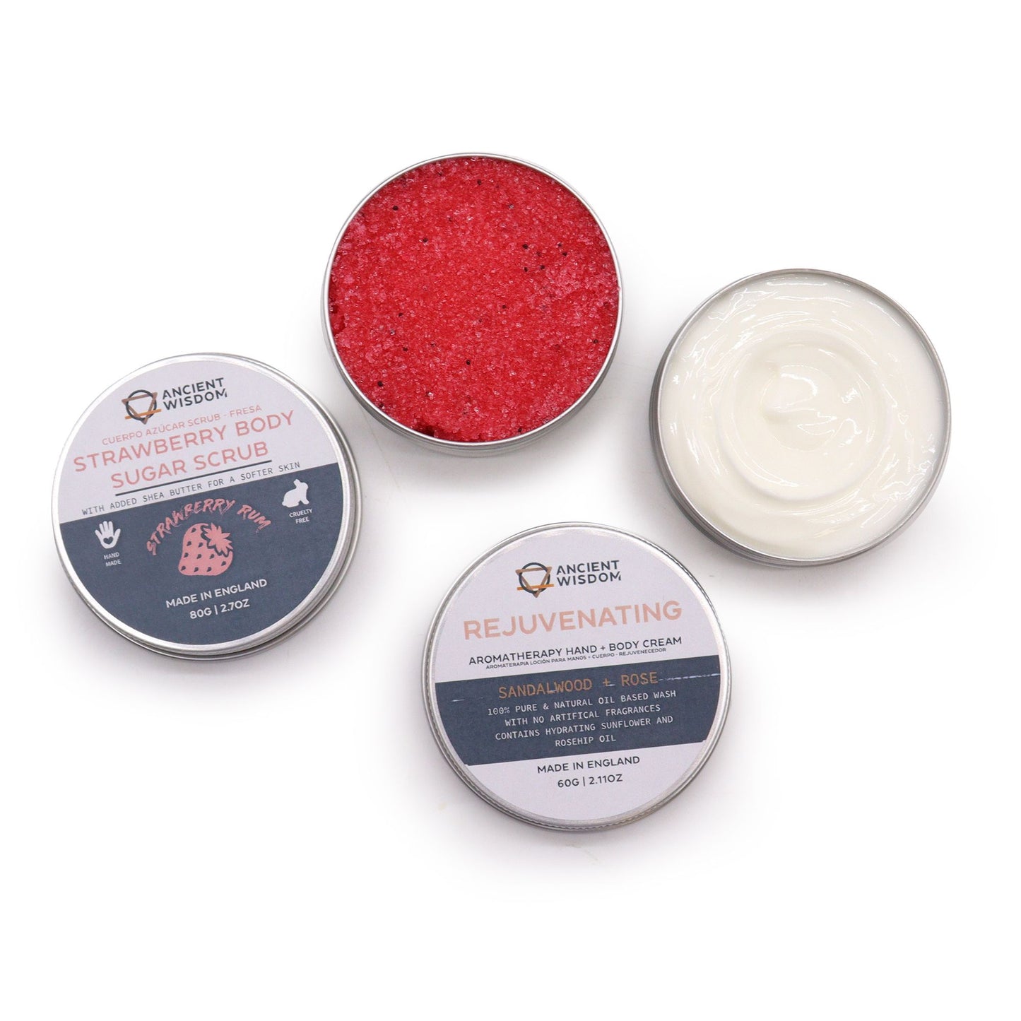 Self-care gift set with body scrub, bath salts, oil and balm