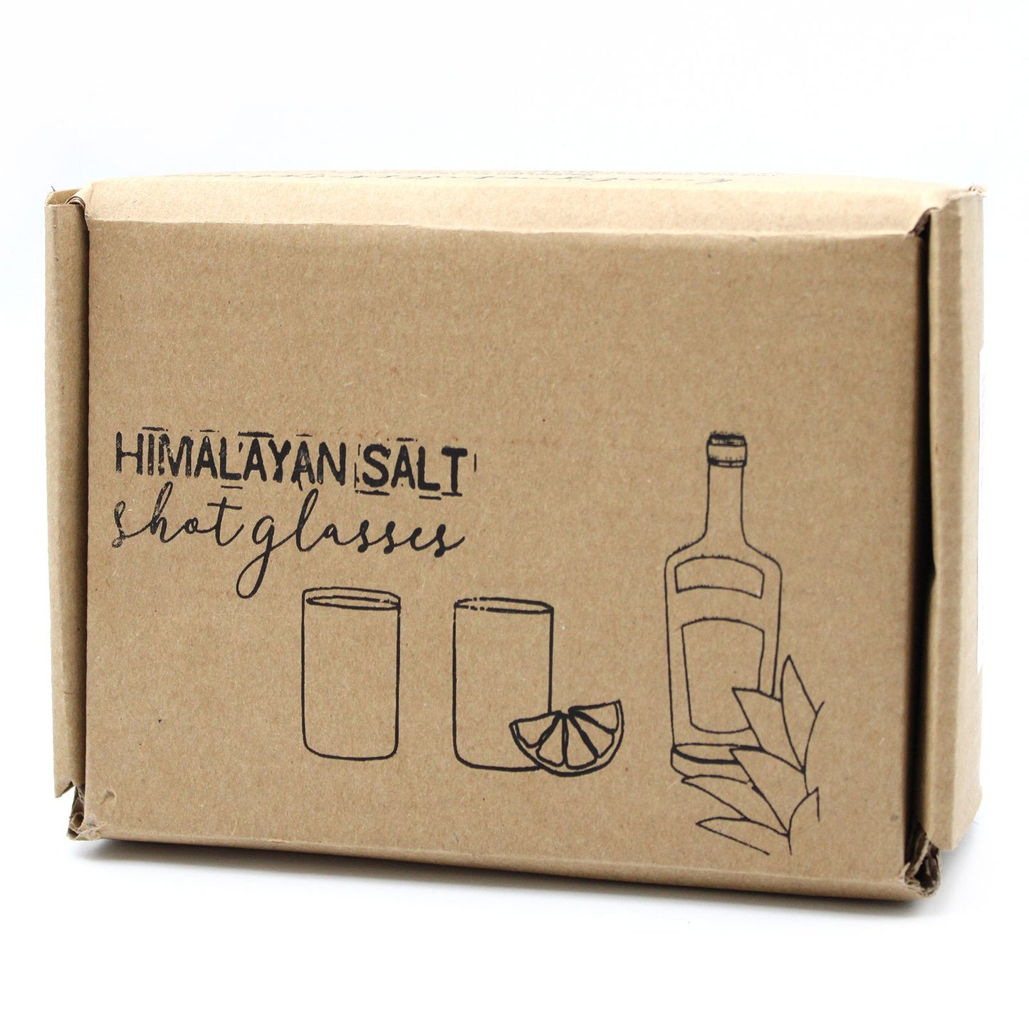 Two Himalayan salt shot glasses on a wooden serving stand with gift box