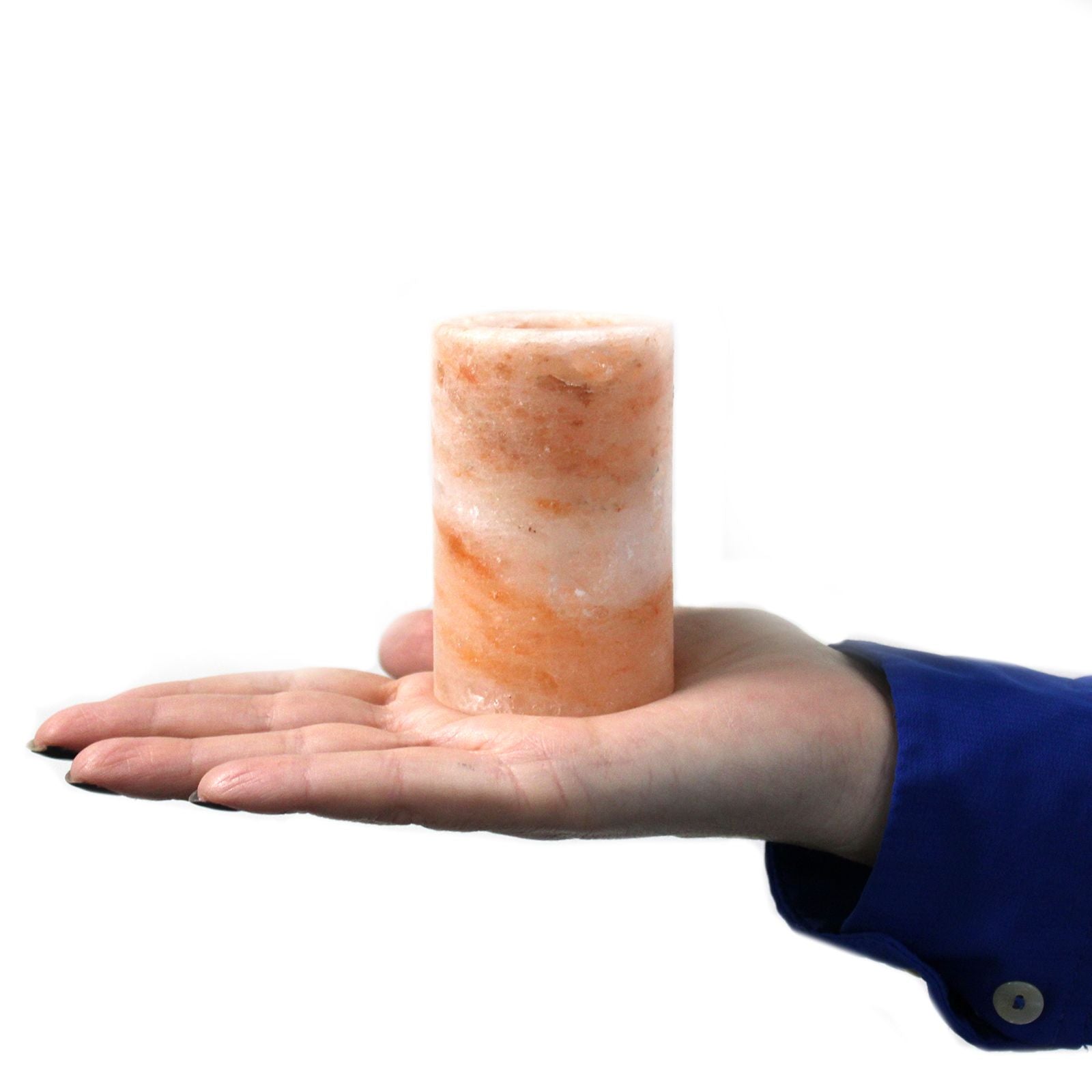 Two Himalayan salt shot glasses on a wooden serving stand with gift box