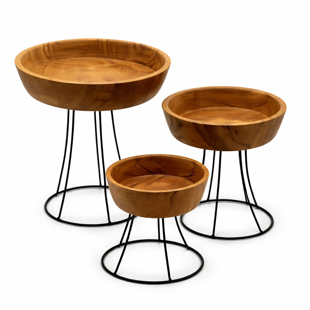 Set of three elevated teak wood bowls on black metal stands | WoodenLandia