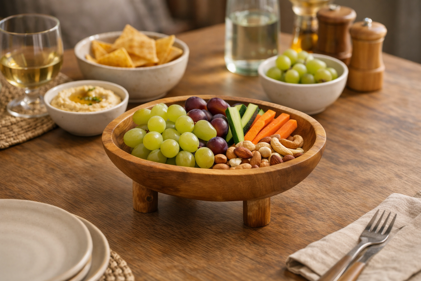 Smooth teak wood fruit bowl on three legs | WoodenLandia