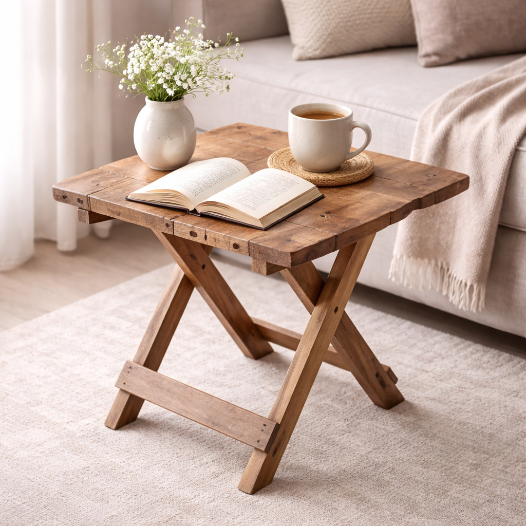 Square folding coffee table in natural wood with crossed legs
