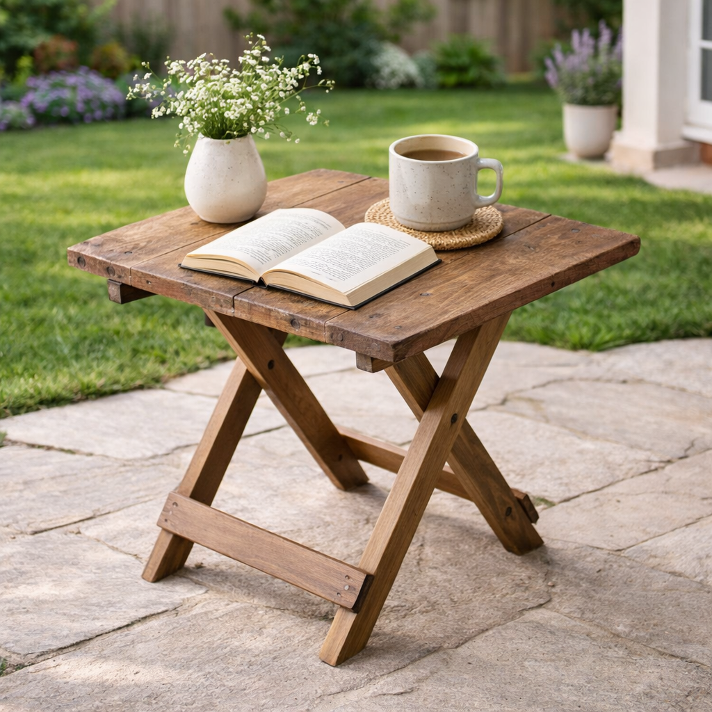 Square folding coffee table in natural wood with crossed legs