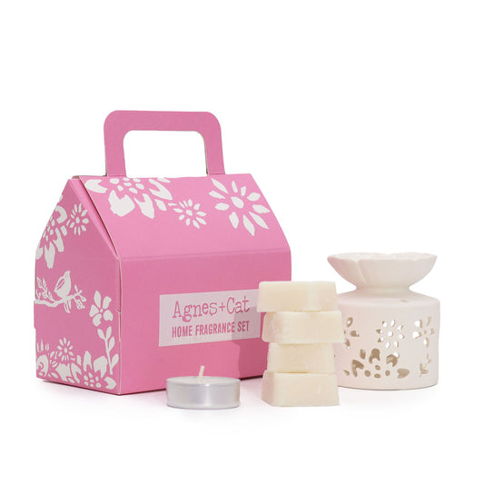 Tea & rose fragrance gift set with wax melts, white ceramic oil burner and tealight candle in a pink gift box