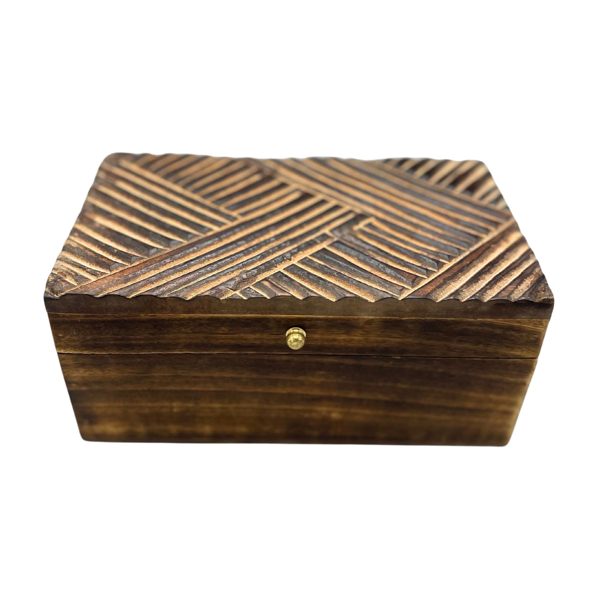 Dark wood vintage deco box with carved antique lines lid and brass clasp – handcrafted wooden keepsake box 22x12x10cm | WoodenLandia