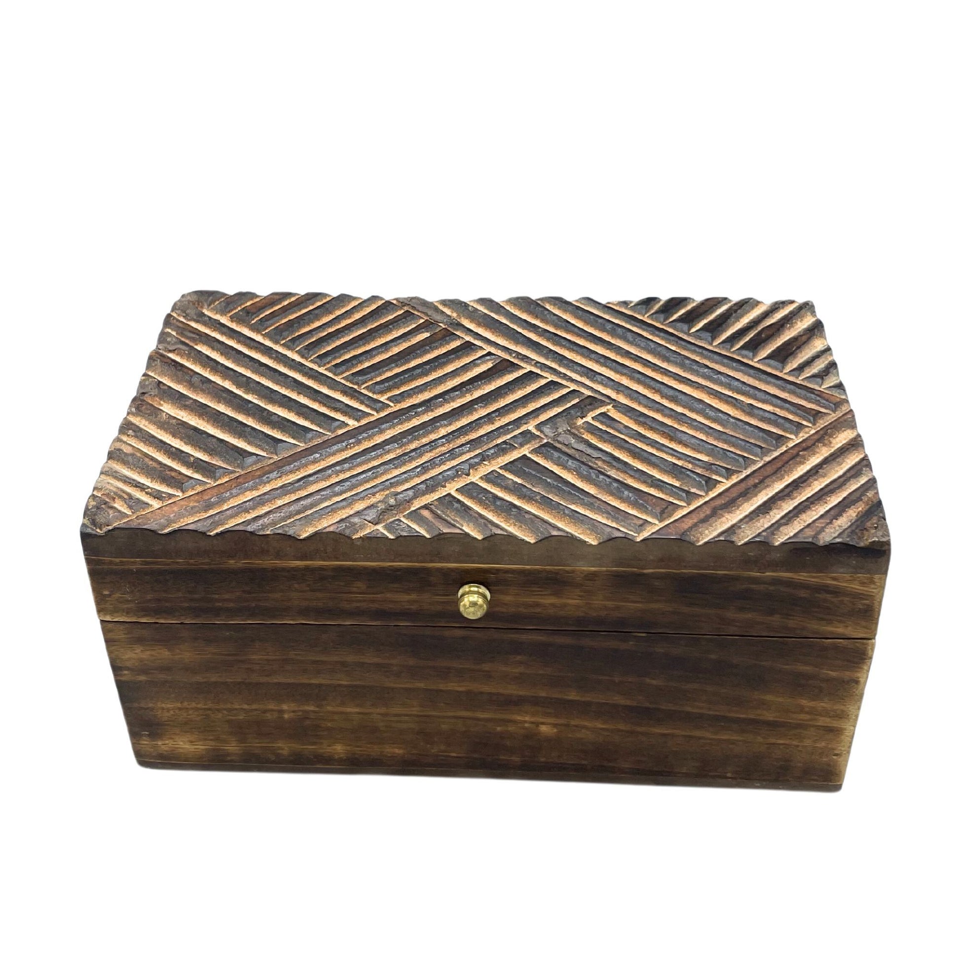 Dark wood vintage deco box with carved antique lines lid and brass clasp – handcrafted wooden keepsake box 22x12x10cm | WoodenLandia