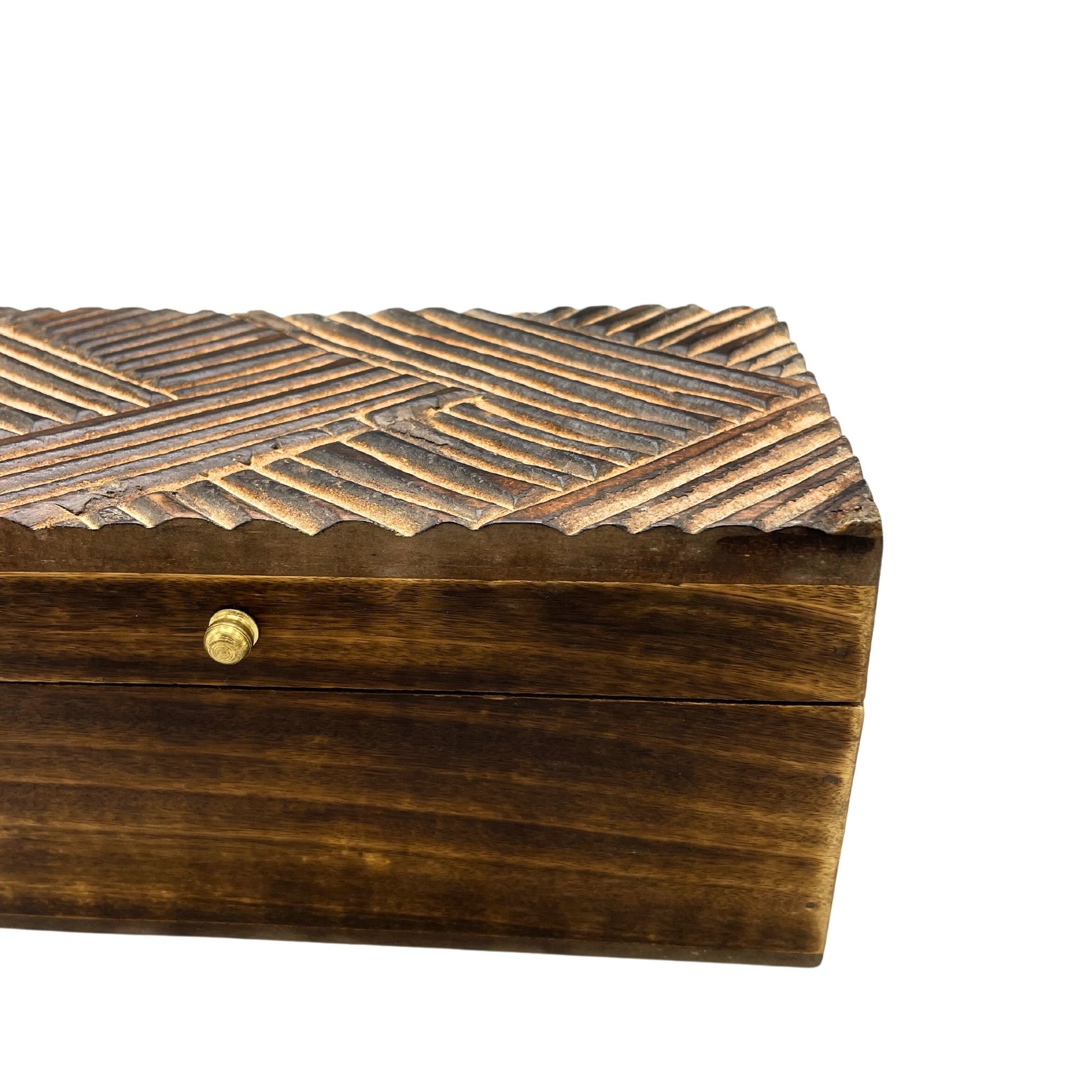 Dark wood vintage deco box with carved antique lines lid and brass clasp – handcrafted wooden keepsake box 22x12x10cm | WoodenLandia